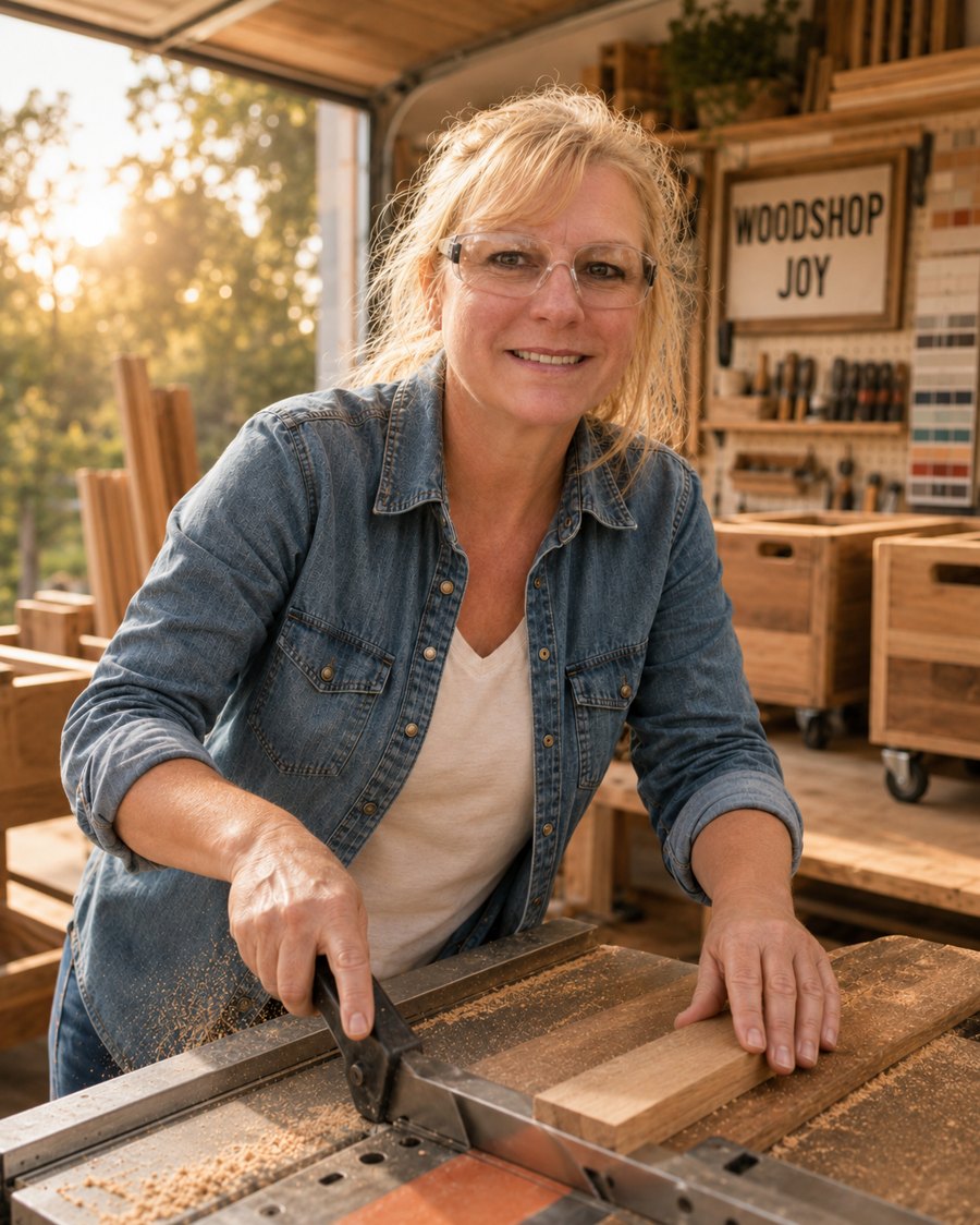 Laura, founder of Woodshop Joy, smiling at her table saw in the workshop
